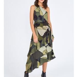 Farm Rio Anthro Women’s Green Military Cashew One Shoulder Midi Scarf Dress XS